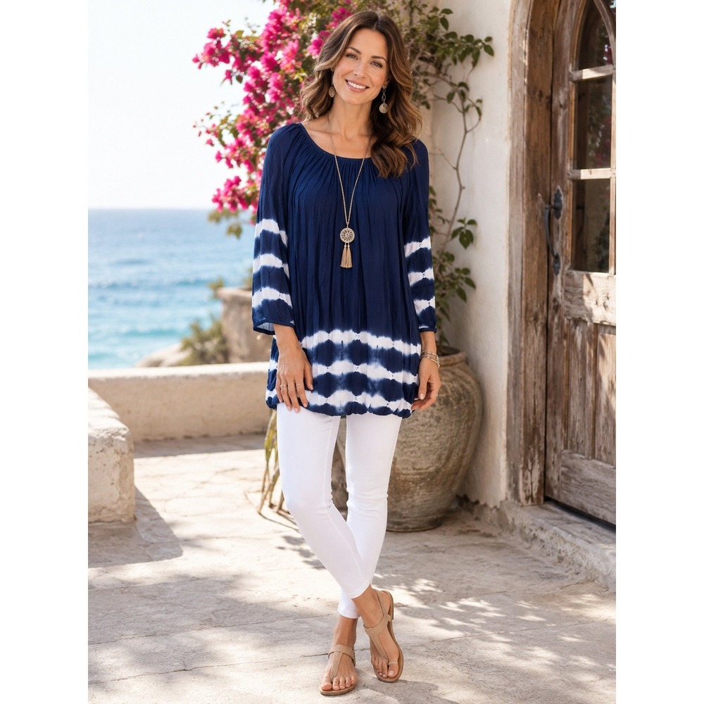 Soft Surroundings Navy Blue Tie Dye Cold Shoulder Tunic Top Womens Small 28372